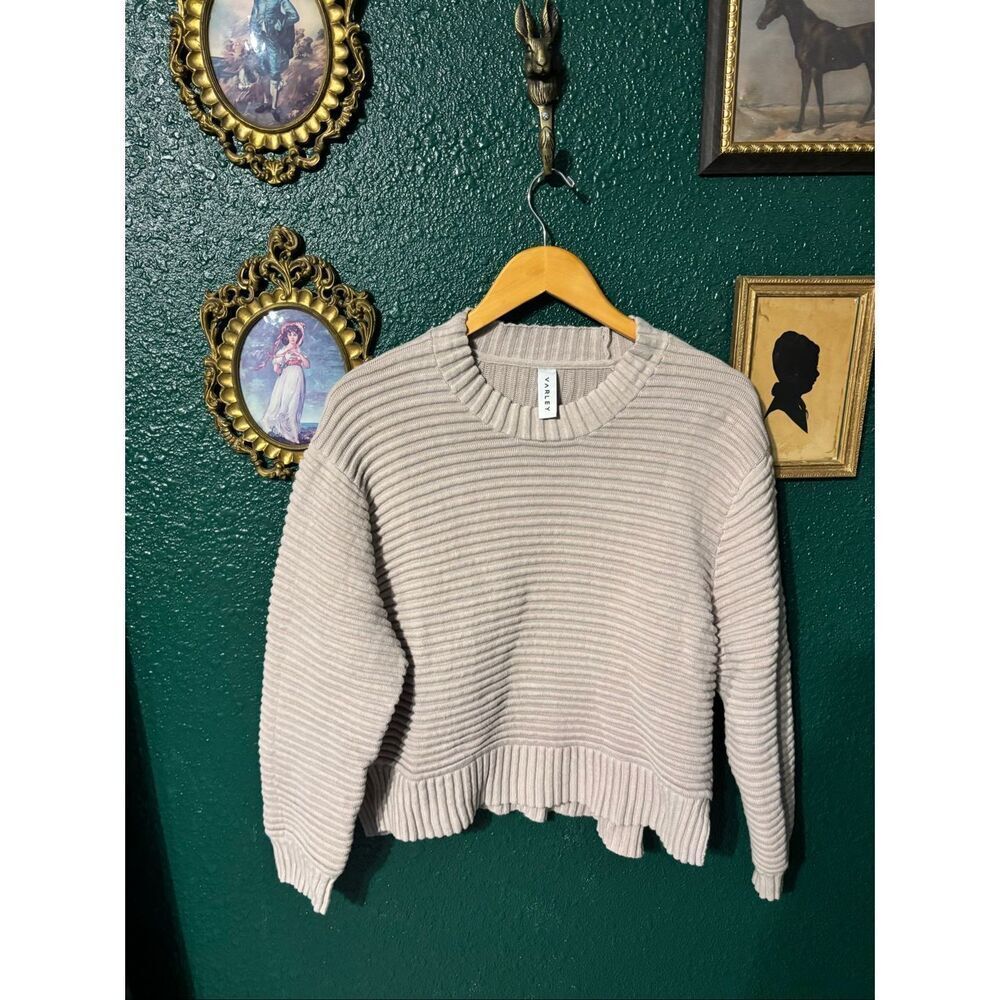Varley Talbert Ribbed 100% Cotton Mock Neck Tan Sweater, Side Zips, Medium